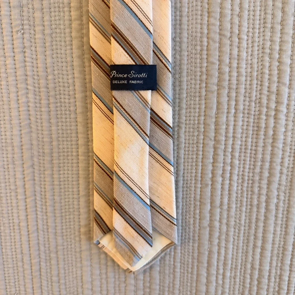 Prince Sirotti Mens Necktie Brown Cream Blue Diagonal Striped Deluxe‎ Fabric